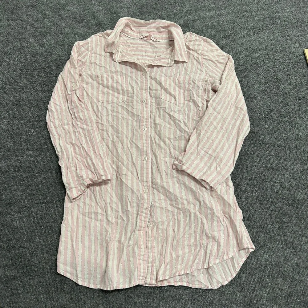 Victoria's Secret Sleep Shirt Womens Size M Pink White Striped Metallic Lounge